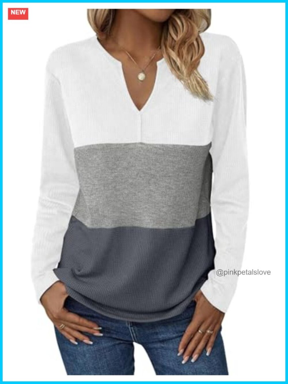 Waffle Knit V Neck Long Sleeve Tunic Tee Color Block Casual Pullover Top